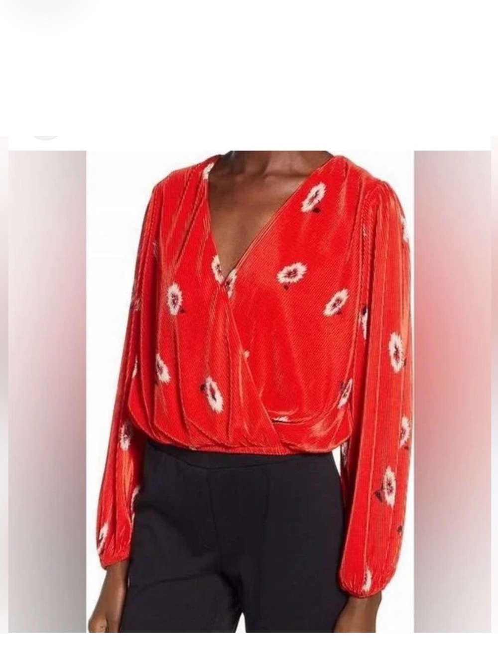 ASTR The Label Red Pleated Floral Print Surplice Top